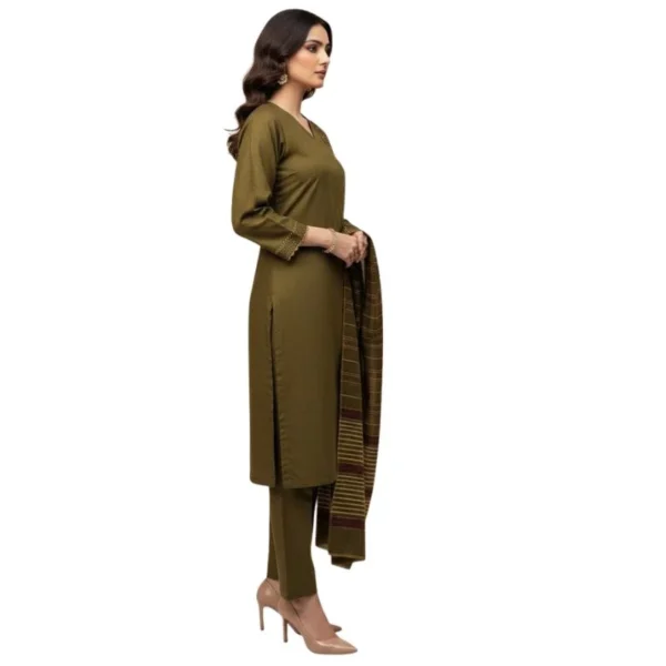 Winter Sussi Silk 3-Piece Suit for Women | Unstitched Plain Shirt & Trouser | Heavy Winter Sussi Shawl |  Olive Green