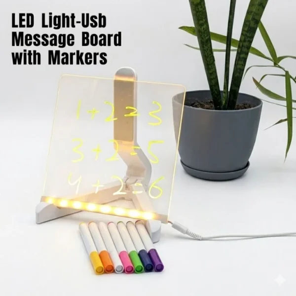 6x6 Inches LED Acrylic Writing Board with USB Light | 7 Colorful Erasable Pens |  Message Board with Markers & Stand